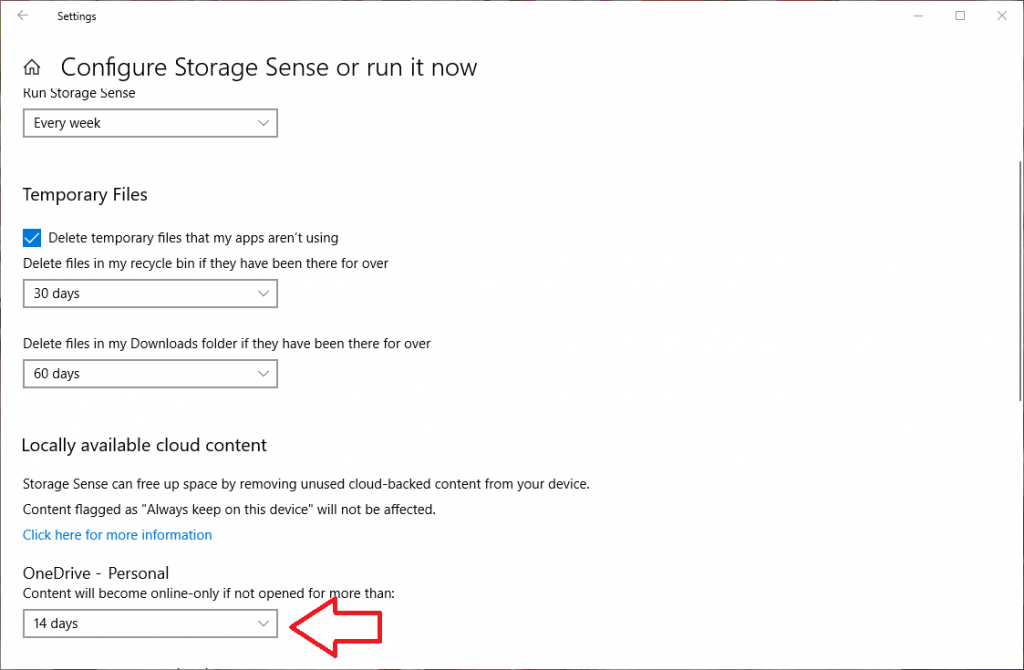 Select how long downloaded cloud content should remain on the computer