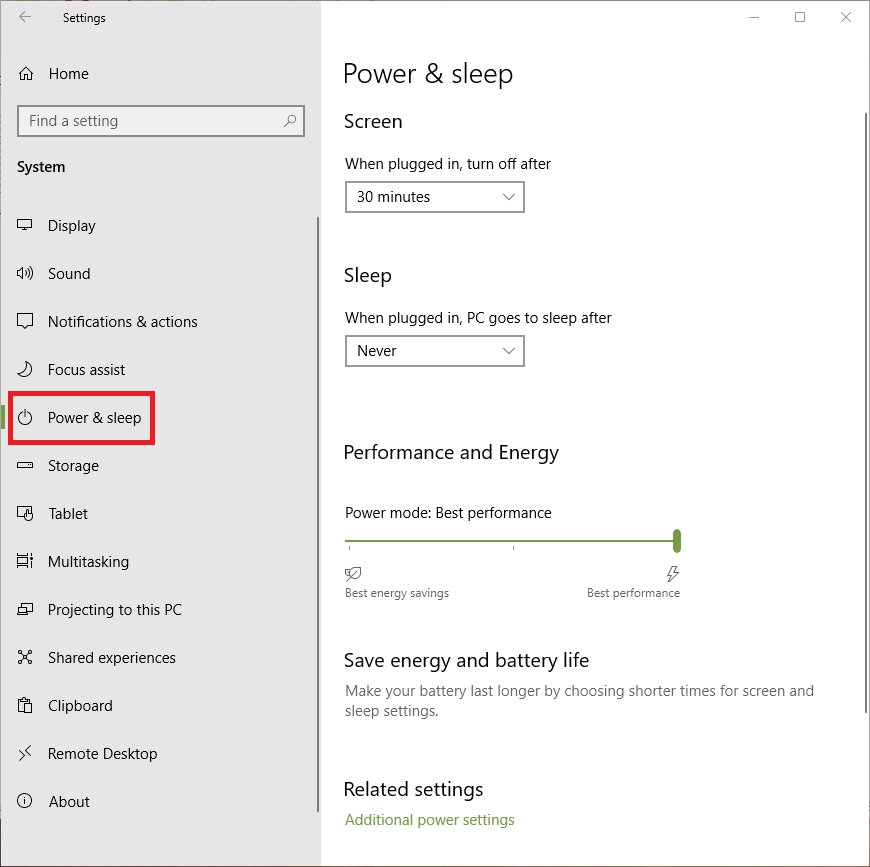 Windows Power Options in the settings app