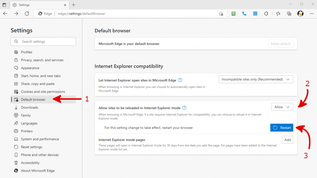 How to enable Internet Explorer Mode in Microsoft Edge settings