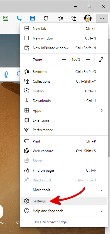 Select settings in Microsoft Edge