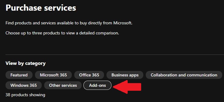Microsoft 365 Purchase Service Add-ons Option