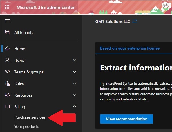 Microsoft 365 Purchase Service menu option