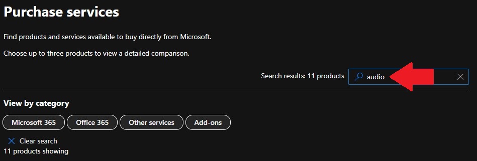 Microsoft 365 Purchase Service search for audio