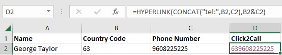Click2Call using multiple cells in Excel