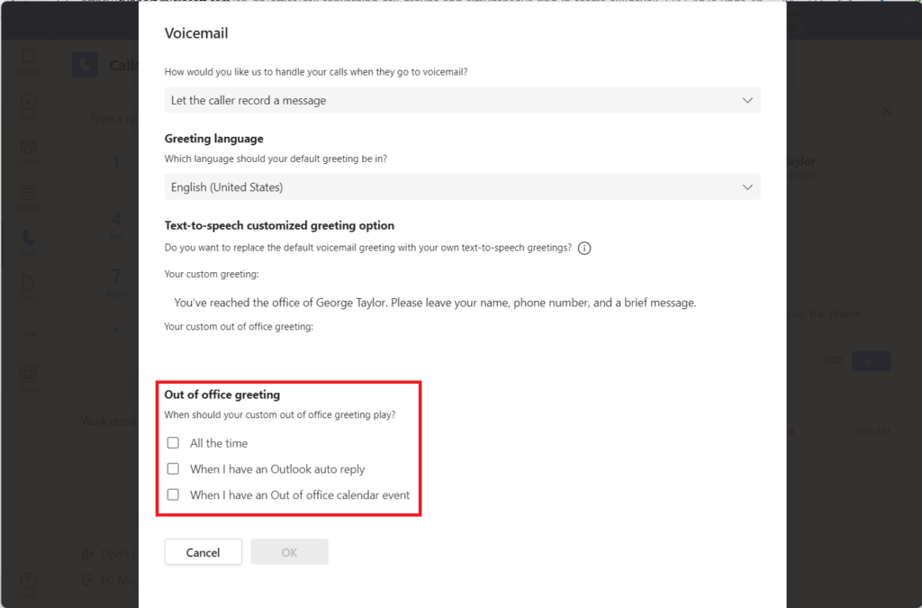 Teams Account Voicemail Settings Out of Office