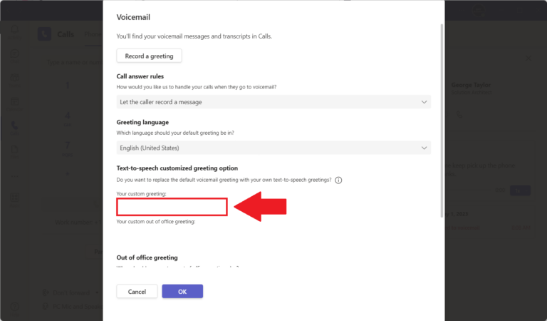 Teams Account Voicemail Settings - Text-to-Speech Greeting