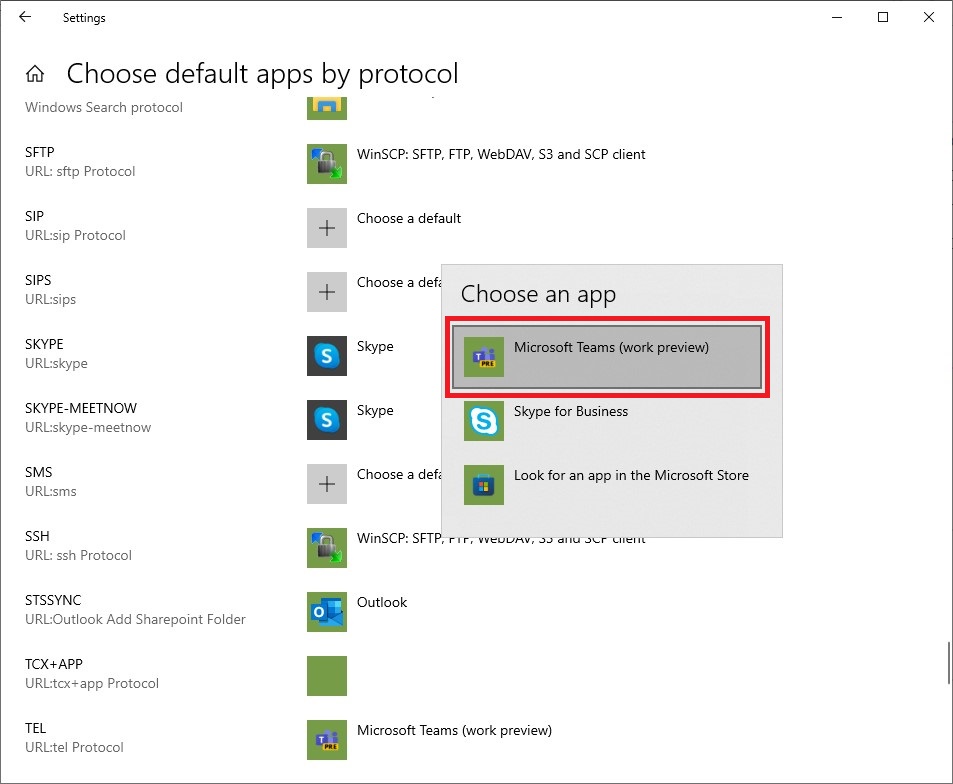 Windows 10 Choose Microsoft Teams as the default
