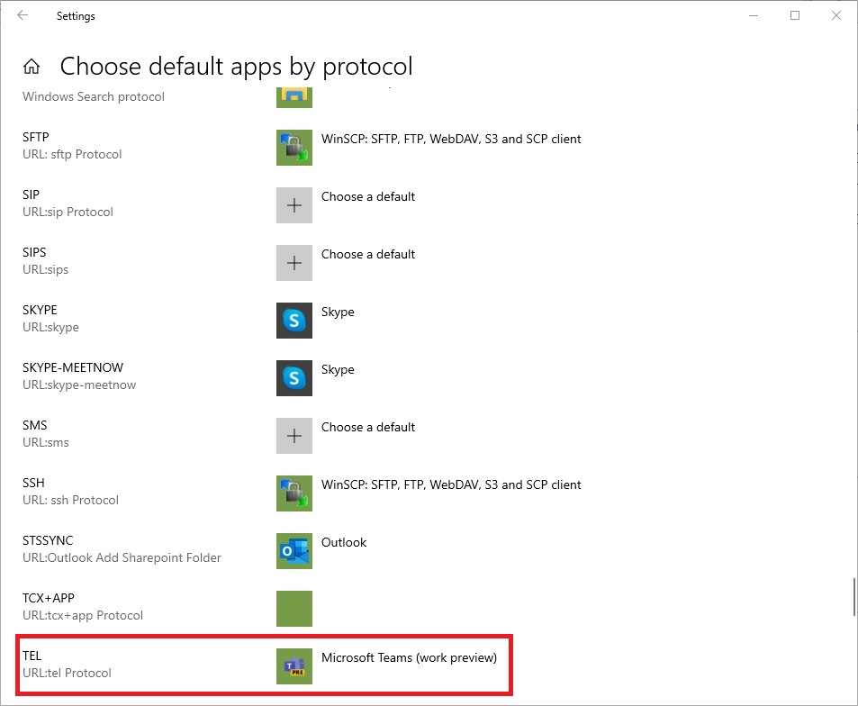 Windows 10 Settings Choose defaults by protocol