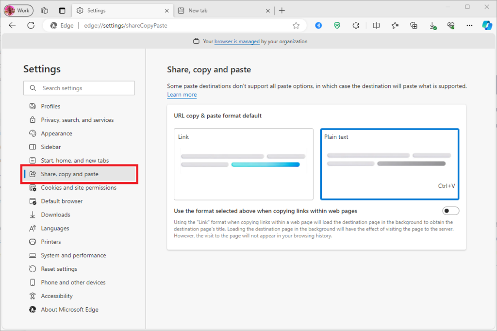 Microsoft Edge Share Settings - Share, copy and paste