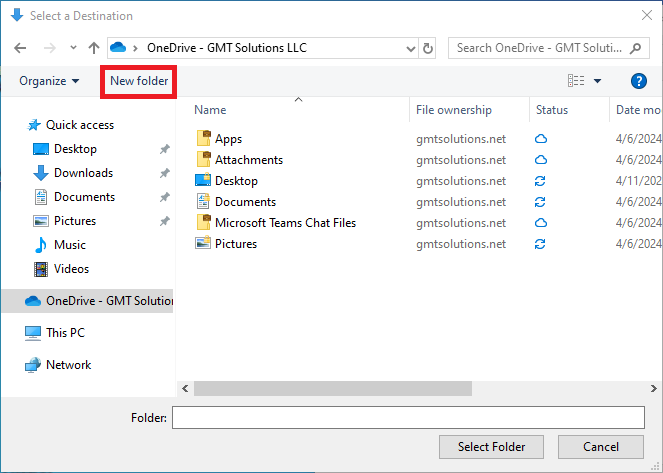 Downloads Select a Destination - Select New Folder