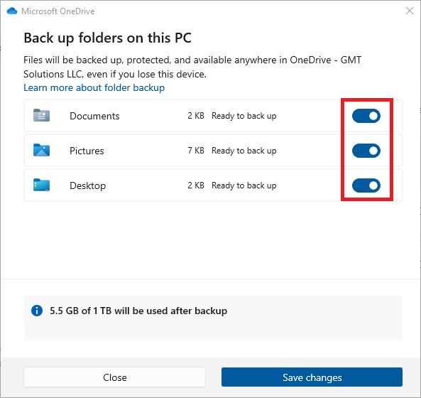 OneDrive Back up folders on this PC - Enable back up