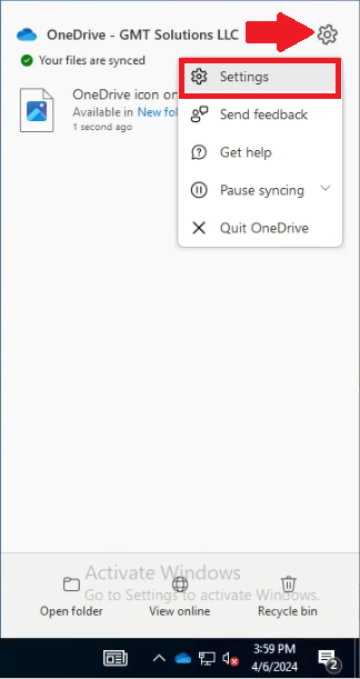 OneDrive settings on taskbar